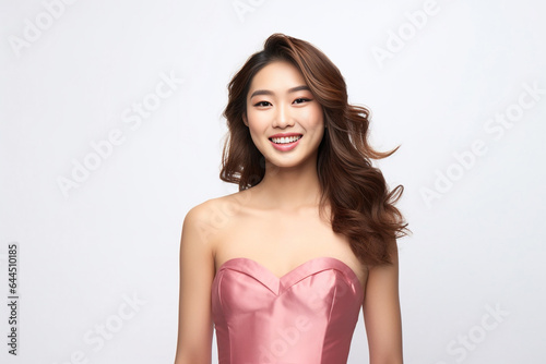 Smiling Beautiful young Asian woman in stylish pink dress in pastel pink dress posing at studio. Generative AI.