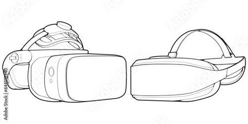 Set off Virtual reality headset outline drawing vector, Virtual reality headset drawn in a sketch style, black line Virtual reality headset trainers template outline, vector Illustration.