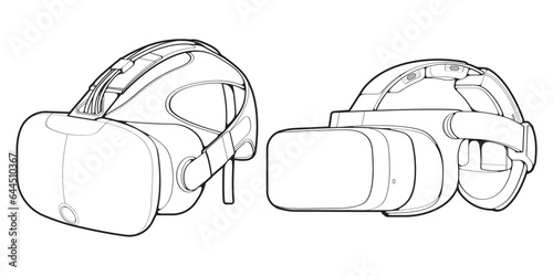 Set off Virtual reality headset outline drawing vector, Virtual reality headset drawn in a sketch style, black line Virtual reality headset trainers template outline, vector Illustration.