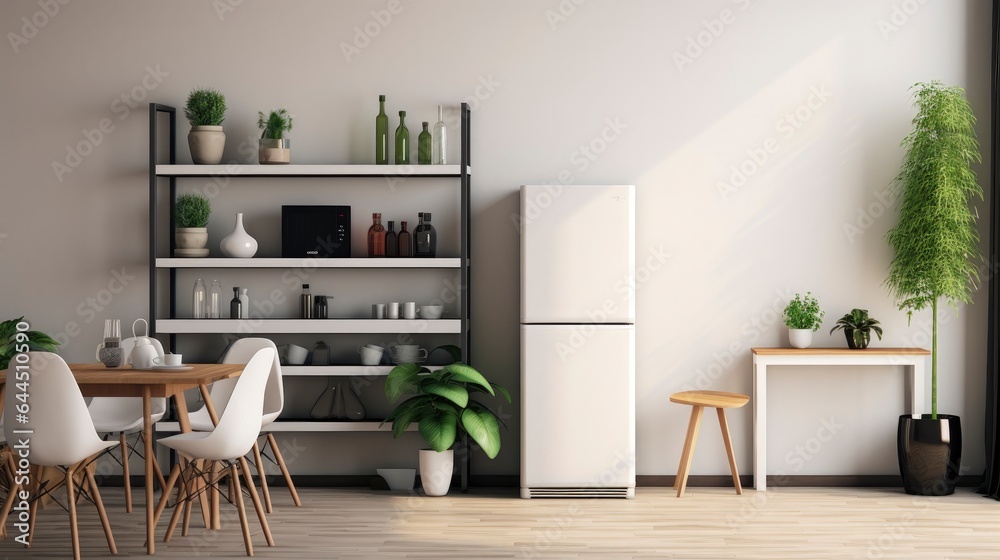 Interior of modern comfortable kitchen room, Modern furniture with utensils, shelves with crockery and plants, refrigerator and table in simple minimal dining room.