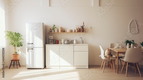 Interior of modern comfortable kitchen room, Modern furniture with utensils, shelves with crockery and plants, refrigerator and table in simple minimal dining room.