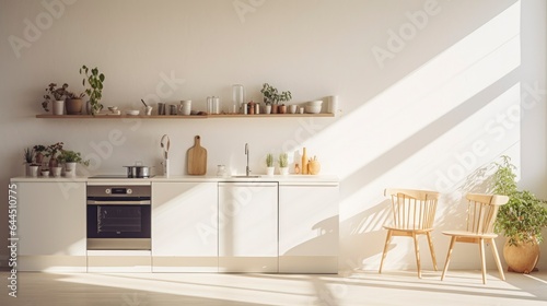 Interior of modern comfortable kitchen room, Modern furniture with utensils, shelves with crockery and plants, refrigerator and table in simple minimal dining room.