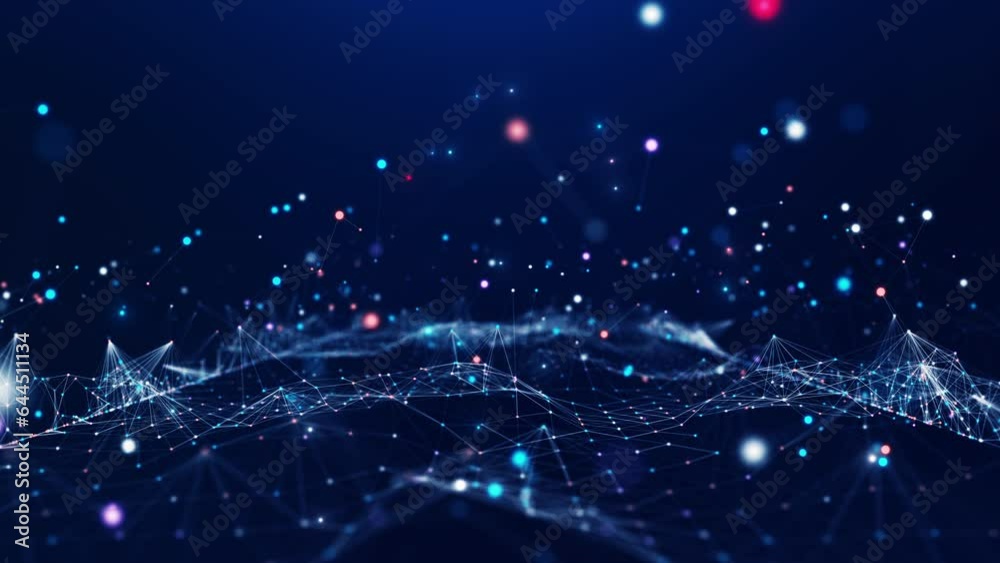Digital technology concept big data visualization. Abstract polygonal multicolored particles connected on a dark blue background.