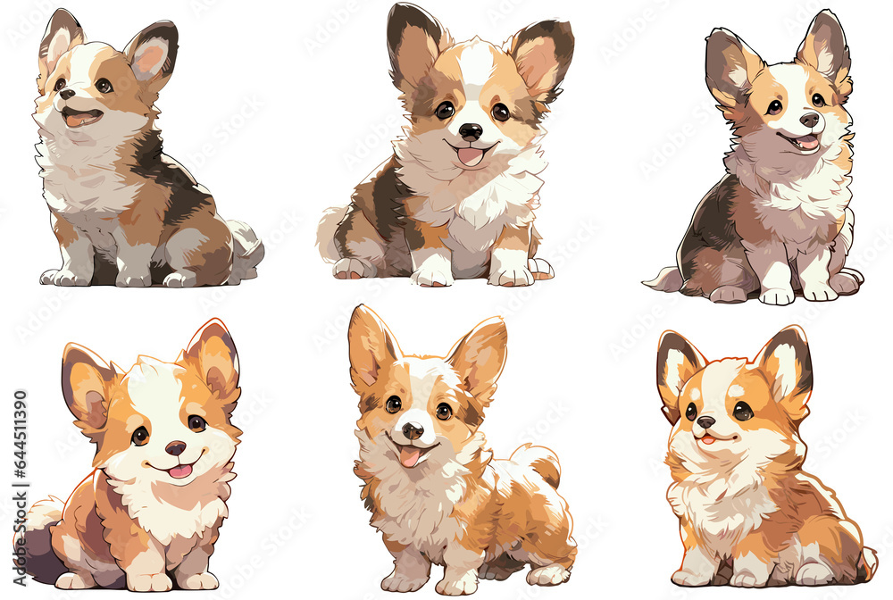 Cartoon kawaii corgi puppies dog pack isolated on transparent background. Generative AI.