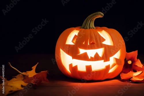 Scary and smiling pumpkin on a table with autumn leaves in a dark background.