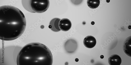 Black shiny spheres fly on a white background. Abstract 3D render. Background with falling 3D balls. Modern trendy background, banner, poster, header template for website.