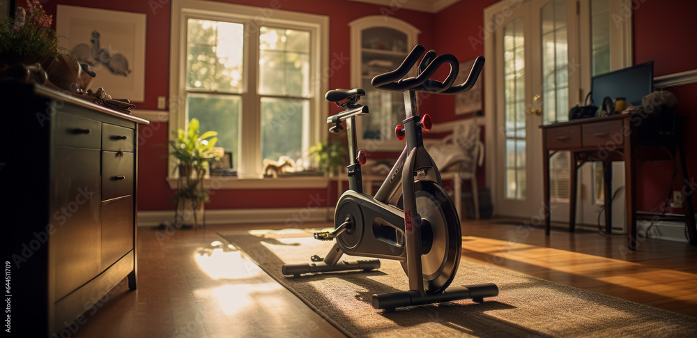 A spin cycle. Exercise bike. In a room. Exercise room. Sun through the window. Light and bright. Healthy lifestyle. Staying fit. Life goals. Losing weight.