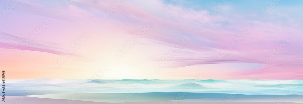 A seascape with pastel colors. The sky is a gradient of pink, purple and blue with wispy clouds. The sea is a gradient of blue, green and white with small waves. 