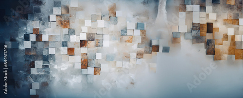An abstract background with square tiles of different colors and sizes. The tiles are arranged in a random pattern and are of different shades of blue, brown, and white. Dreamy and surreal mood. © Andrey