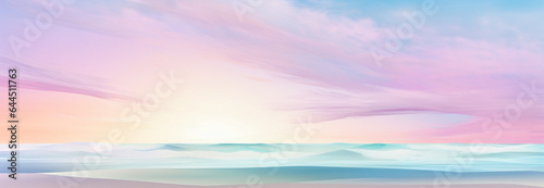 A seascape with pastel colors. The sky is a gradient of pink, purple and blue with wispy clouds. The sea is a gradient of blue, green and white with small waves. 