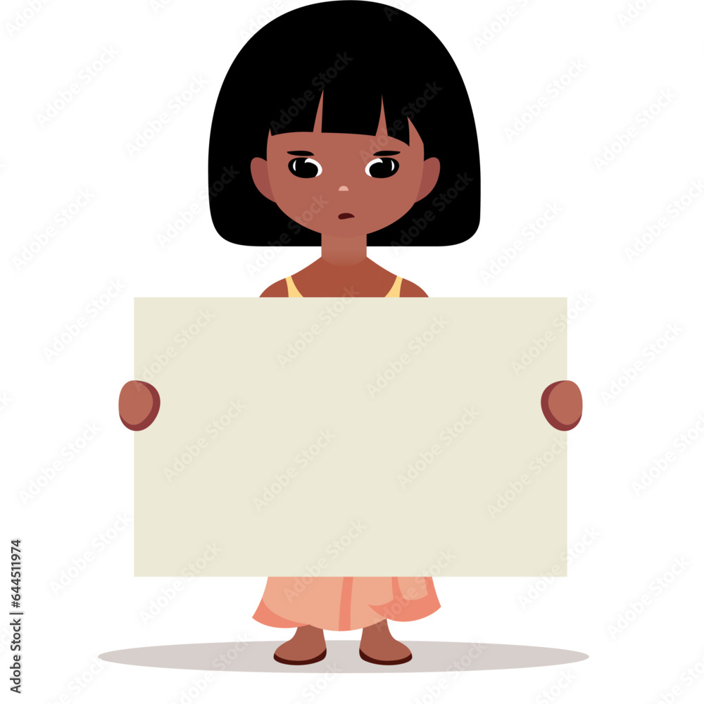 Little black girl holding an empty poster flat style vector illustration, girl holding an empty banner, sign or board, protesting little girl, stock vector image Little black girl holding an empty poster flat style vector illustration, girl holding an empty banner, sign or board, protesting little girl, stock vector image