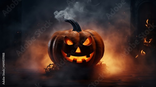 a halloween pumpkin in dark smoke on a luxury background. AI generator