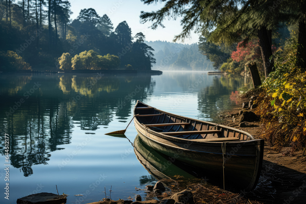 Serene boat dock on a picturesque lake, surrounded by natural beauty.  Generative AI.