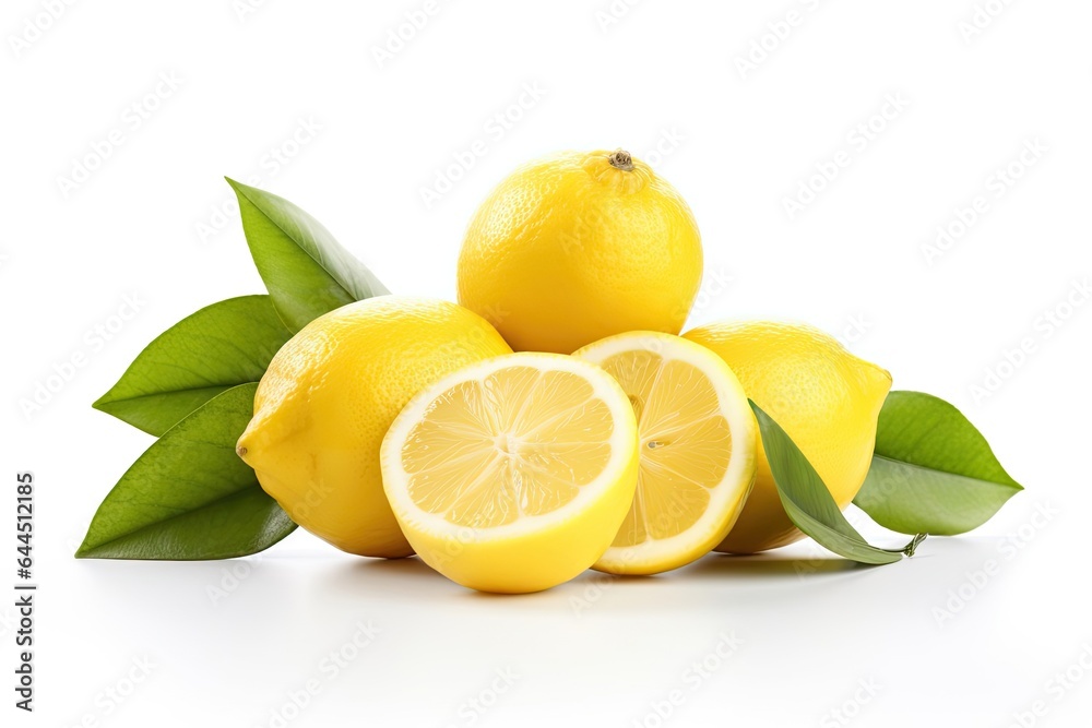 Fresh lemons with leaves isolated on white background.