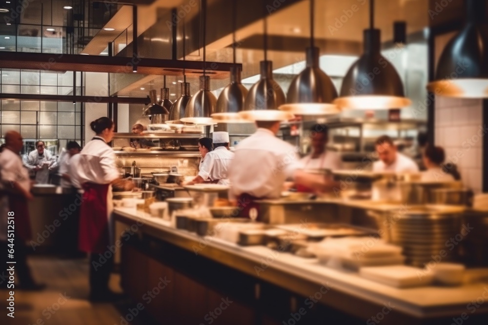 Blurred restaurant background with some people eating and chefs and waiters working. Generative AI.