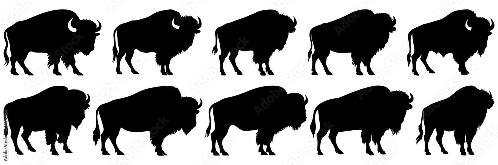 Naklejka premium Bison buffalo silhouettes set, large pack of vector silhouette design, isolated white background