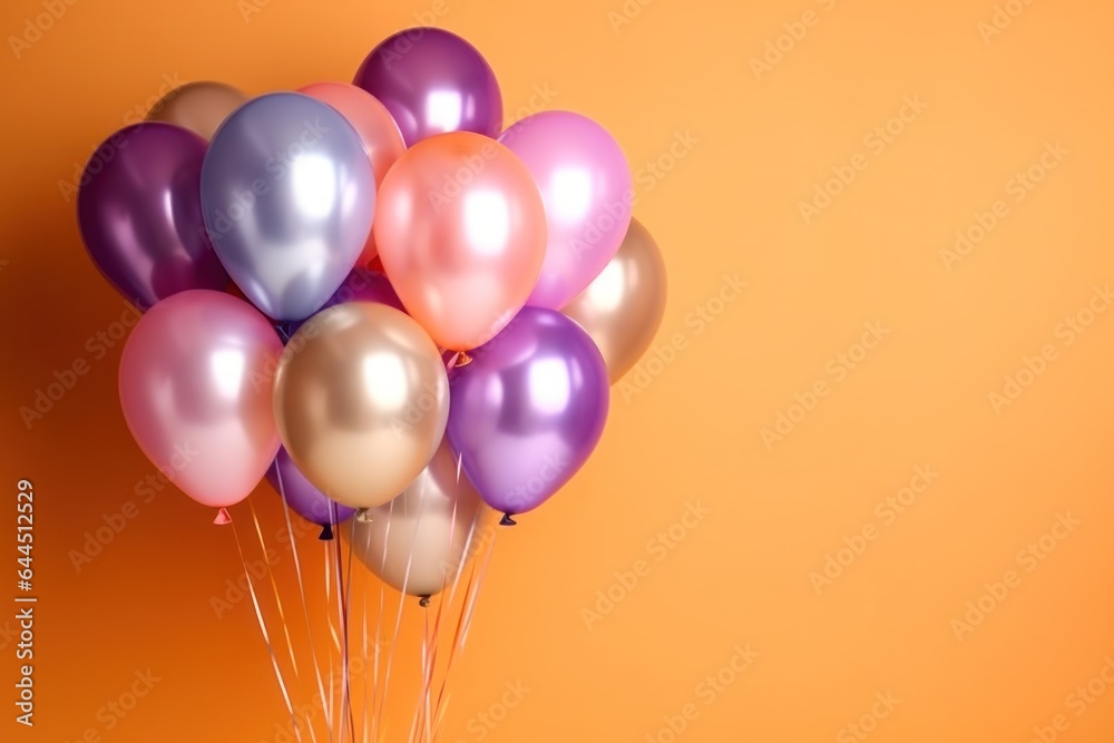 Bunch of bright balloons and space for text against color background. Generative AI. Bunch of bright balloons and space for text against color background. Generative AI.