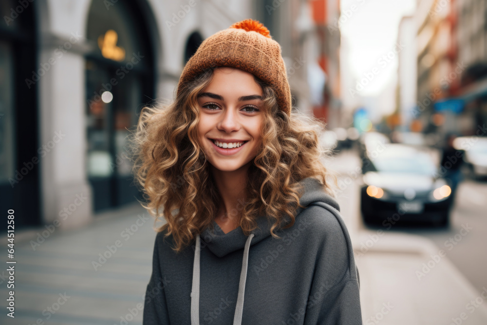 Portrait of beautiful young female on the city street in Bogota or Rio or Caracas