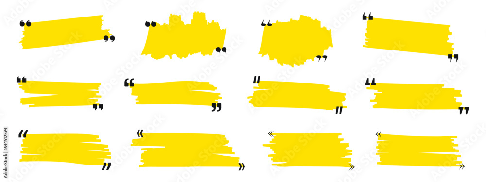 Hand drawn marker lines with quote signs set. Yellow strokes and quotes marks. Collection of colorful design elements. Speech mark symbol. Vector illustration