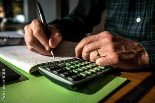 Close-up of the hands of an agile accountant, calculator. Generative AI.