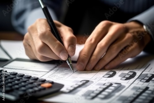 Close-up of the hands of an agile accountant, calculator. Generative AI.