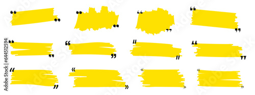 Hand drawn marker lines with quote signs set. Yellow strokes and quotes marks. Collection of colorful design elements. Speech mark symbol. Vector illustration © Gurt