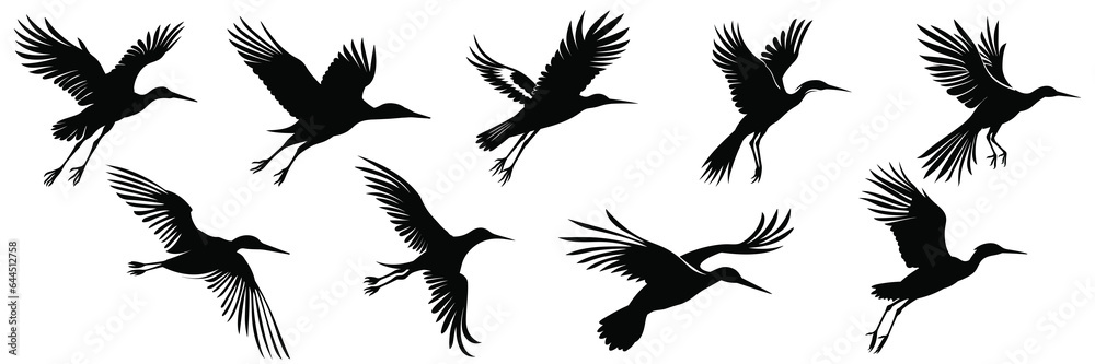 Stork bird silhouettes set, large pack of vector silhouette design, isolated white background Stork bird silhouettes set, large pack of vector silhouette design, isolated white background