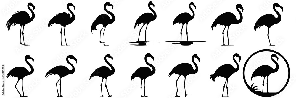Obraz premium Flamingo silhouettes set, large pack of vector silhouette design, isolated white background