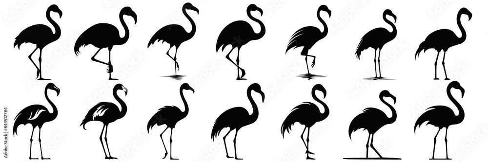 Obraz premium Flamingo silhouettes set, large pack of vector silhouette design, isolated white background