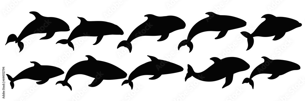 Fototapeta premium Whale orca silhouettes set, large pack of vector silhouette design, isolated white background