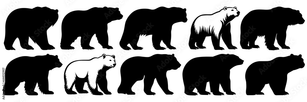 Fototapeta premium Polar bear silhouettes set, large pack of vector silhouette design, isolated white background