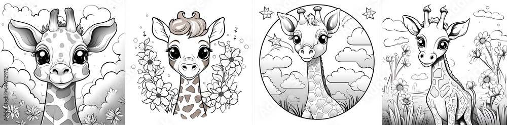 Collection of black and white giraffe illustrations for kids coloring book. Coloring page outline of cartoon giraffe. Activity colorless animal picture. Antistress coloring page with cute giraffe