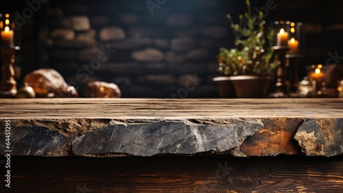 A front view of a dark gray, empty stone table with a blurry dark rock wall background, serves as a blank stone table mockup for product placement 