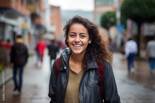 Portrait of beautiful young female on the city street in Bogota or Rio or Caracas photo