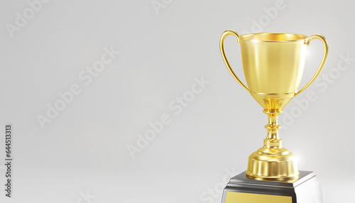 golden trophy award with falling confetti on gold background. copy space for text. 3d rendering. 