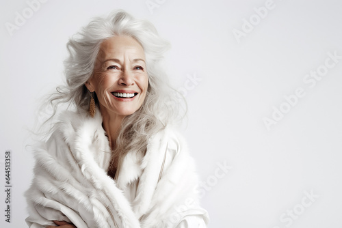 70-60 year old woman with autumn winter outfit. Senior old woman, female lifestyle.  Fashion model .