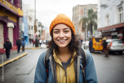 Portrait of beautiful young female on the city street in Bogota or Rio or Caracas photo