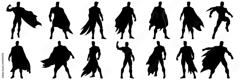 Super hero comic book silhouettes set, large pack of vector silhouette design, isolated white background Super hero comic book silhouettes set, large pack of vector silhouette design, isolated white background