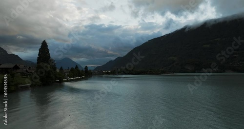 Aerial view of Bonigen, a small town along the Brienzersee Lake with rain and low clouds, Canton of Bern, Switzerland. photo