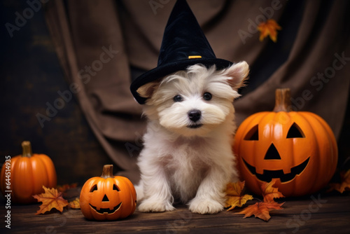 Funny white little dog in a hat sitting next to a pumpkin, Halloween, thanksgiving concept