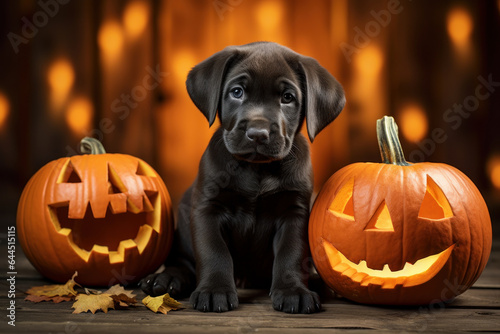 Funny black little dog sitting next to a pumpkin in autumn forest, Halloween, thanksgiving concept