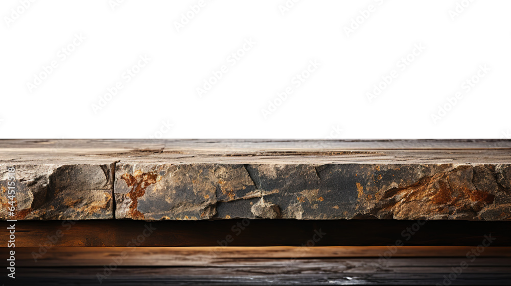 Fototapeta premium A front view of a dark gray, empty stone table with a transparent background, serves as a blank stone table mockup for product placement. 