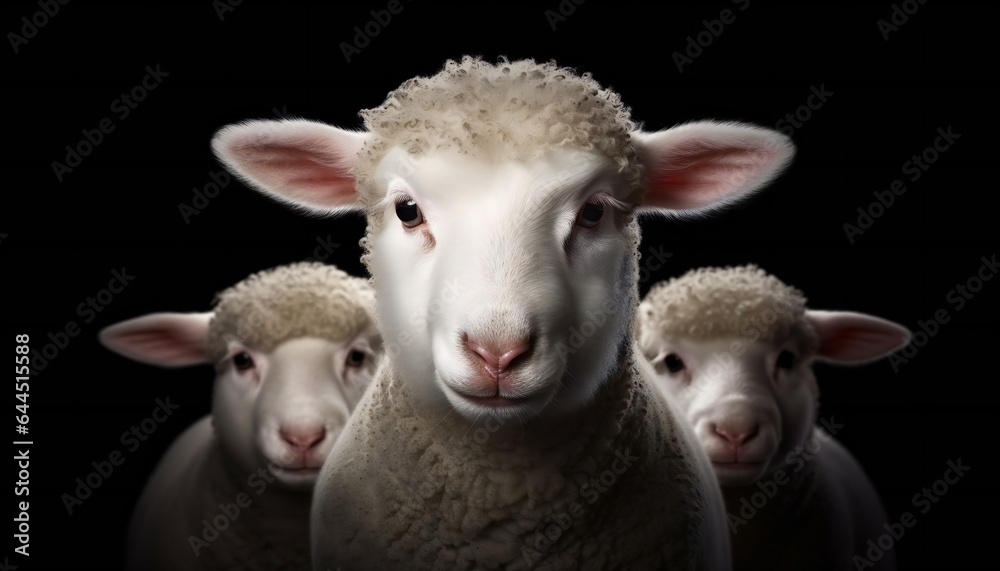 White lambs isolated on black. Close-up of a young sheep looking at camera