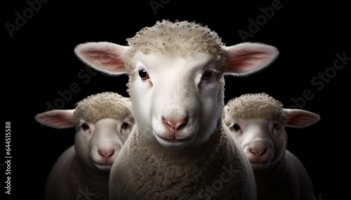 White lambs isolated on black. Close-up of a young sheep looking at camera