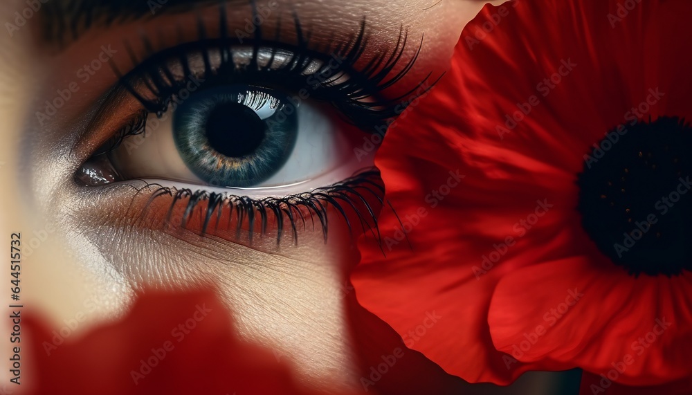 Woman's eye with poppy flower in front - obrazy, fototapety, plakaty 