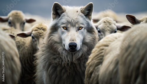 Wolf in sheep's clothing hiding among a flock of sheep