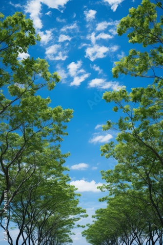 Beautiful up view to an trees towards a blue cloudy sky.