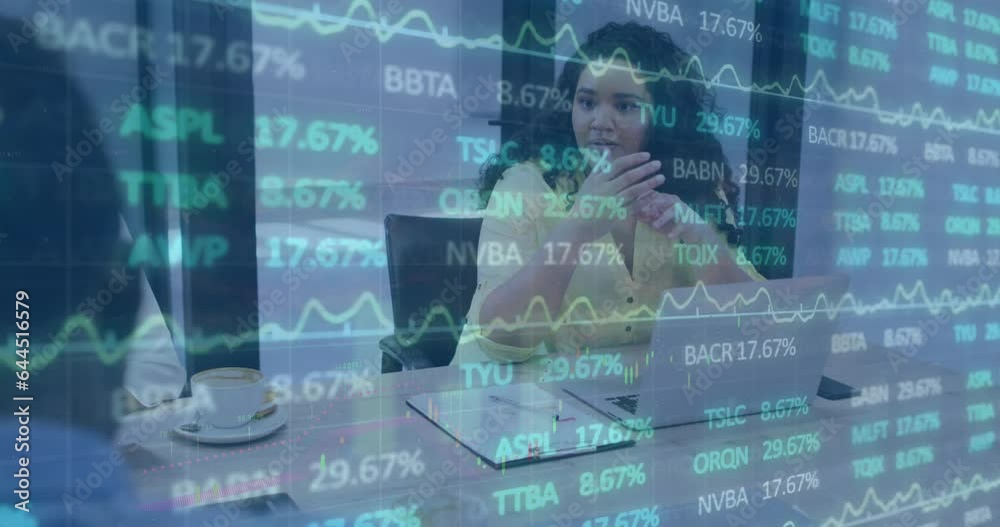 Animation of trading board over diverse female manager explaining strategy to coworkers in office Animation of trading board over diverse female manager explaining strategy to coworkers in office