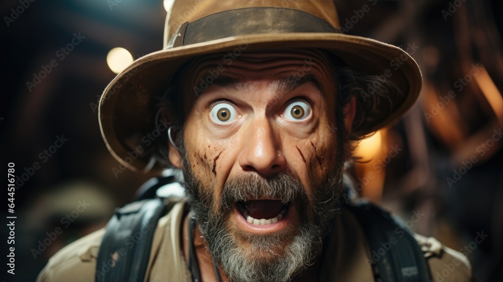 Funny crazy archaeologist with a backpack on his back and a funny hat. Generative AI Funny crazy archaeologist with a backpack on his back and a funny hat. Generative AI