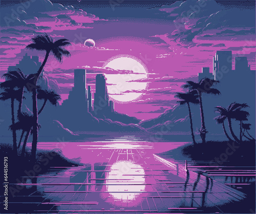 Synthwave retro 8-bit pixel art landscape with palms and moon in neon colors.